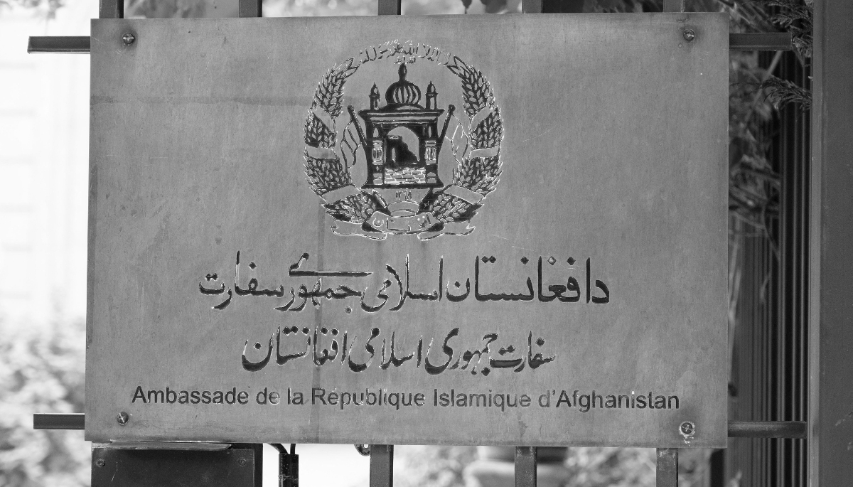 The official plaque of the Afghan Embassy in Paris.