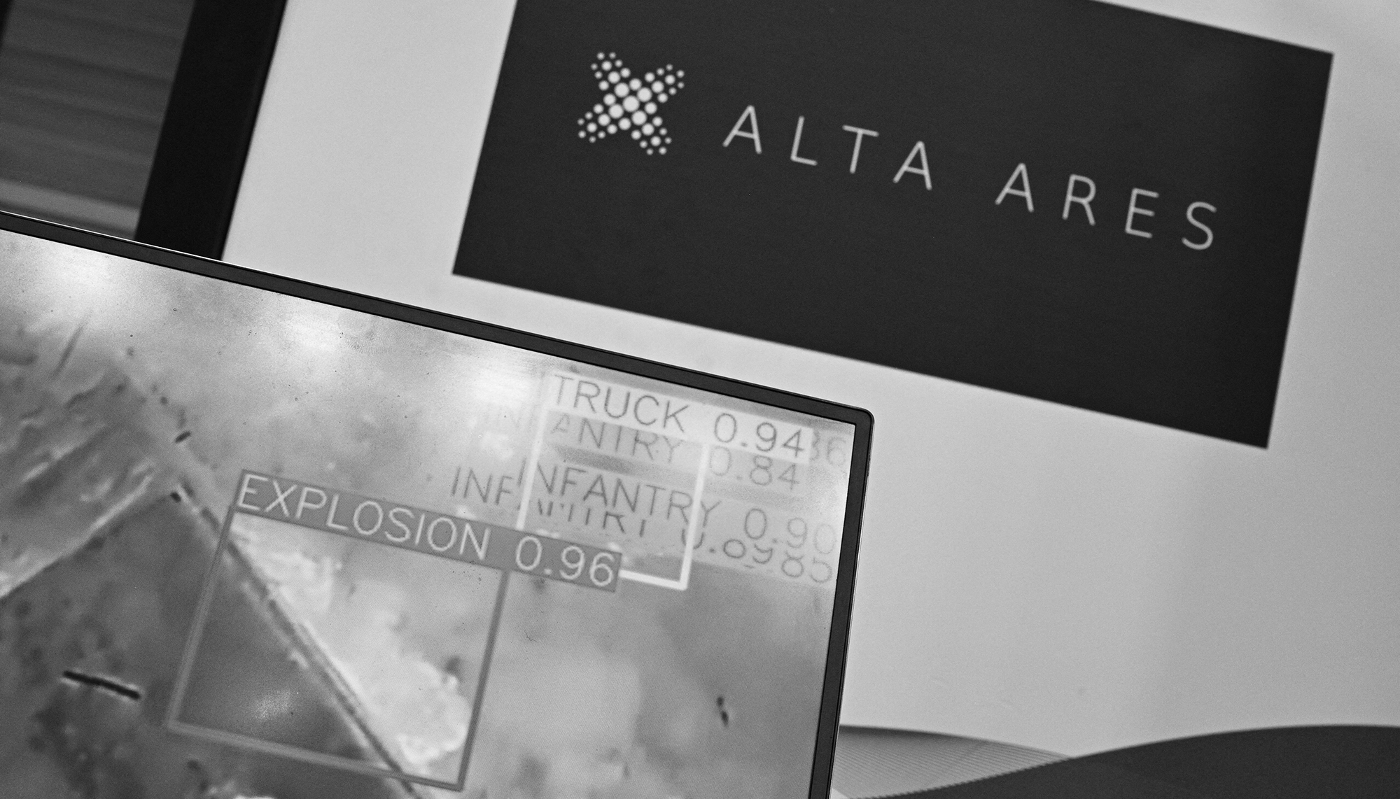 A screen showing video footage filmed by an Alta Ares drone, displayed at the 55th Paris Air Show at Paris-Le Bourget Airport in France, on 18 June 2025.