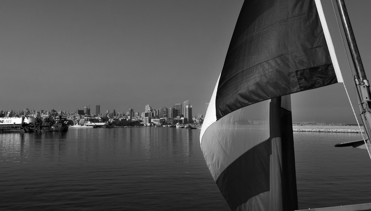 The French national flag photographed in front of the port of Beirut on 26 October 2020.