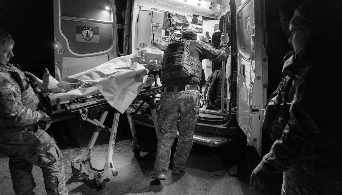 Transfer of a wounded soldier near the front line in the Kharkiv region, Ukraine, on 25 May 2025.