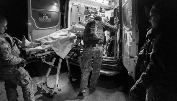 Transfer of a wounded soldier near the front line in the Kharkiv region, Ukraine, on 25 May 2025.