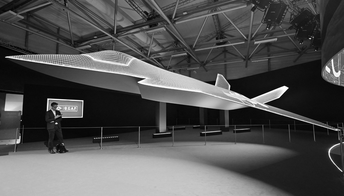 The Global Combat Air Programme (GCAP) fighter concept model, presented on the opening day of the Farnborough International Airshow, 22 July 2024.