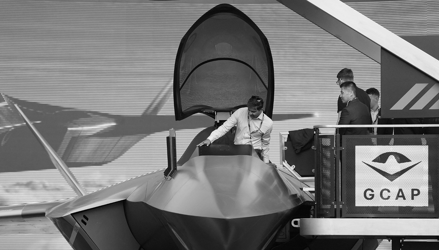 A scale model of the sixth-generation stealth fighter developed as part of the Global Combat Air Programme (GCAP) at the Farnborough International Airshow in the United Kingdom, 21 July 2026.