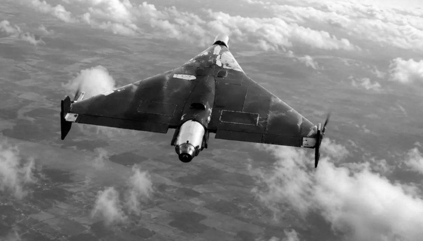 A Russian Geran-4 jet-powered kamikaze drone flying over Ukraine.