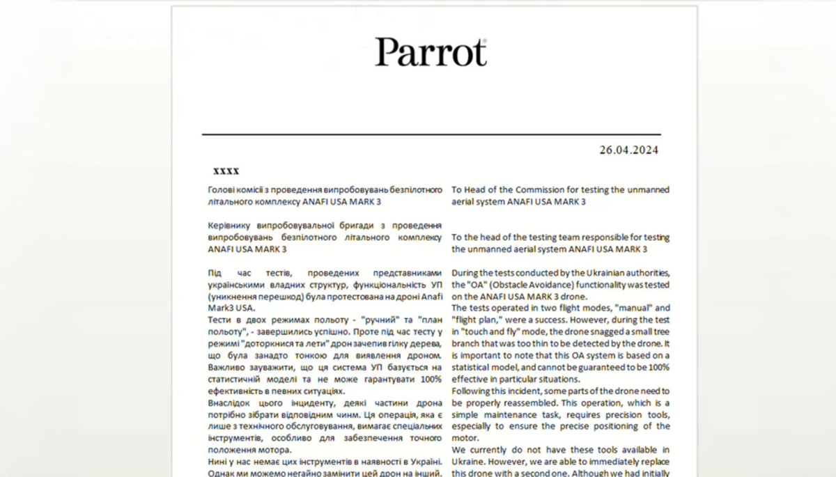 A Parrot company document in Ukrainian and English.