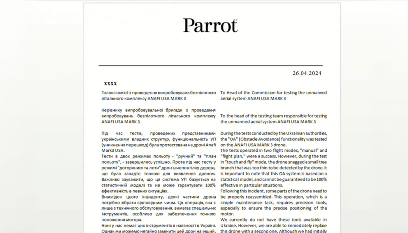 A Parrot company document in Ukrainian and English.
