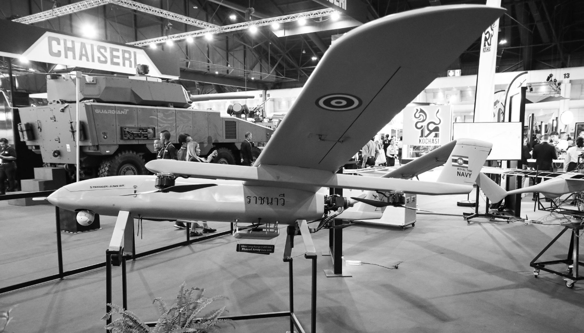 A Royal Thai Navy drone on display at the Defence & Security exhibition in Bangkok, Thailand, on 13 November 2025.