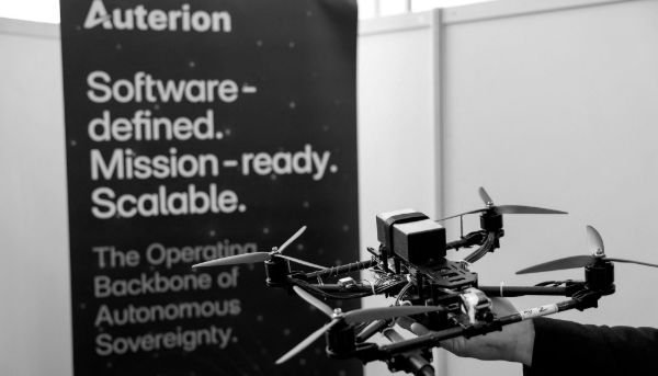 A drone equipped with an Auterion Skynode S controller, on display at a marine drone event in Yilan, Taiwan, 17 June 2025.