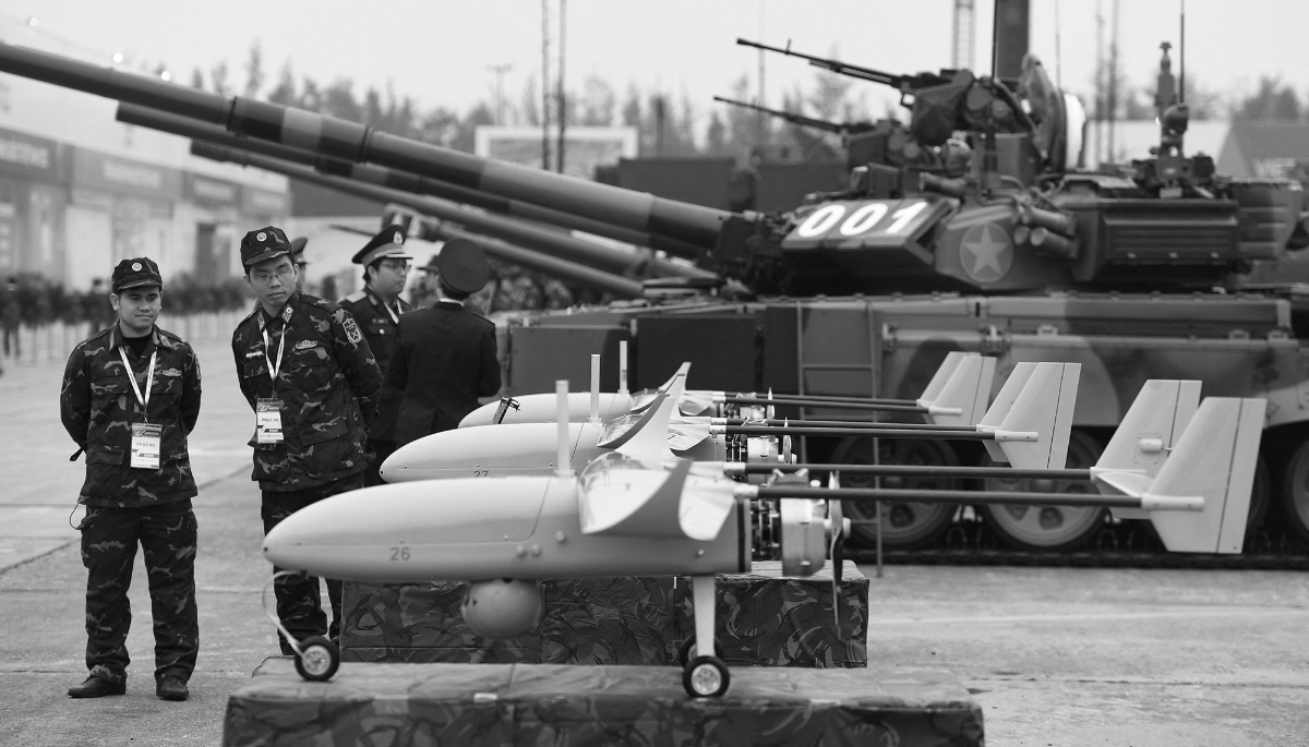 Military drones on display during the Vietnam International Defense Expo 2022 in Hanoi, on 8 December 2022.