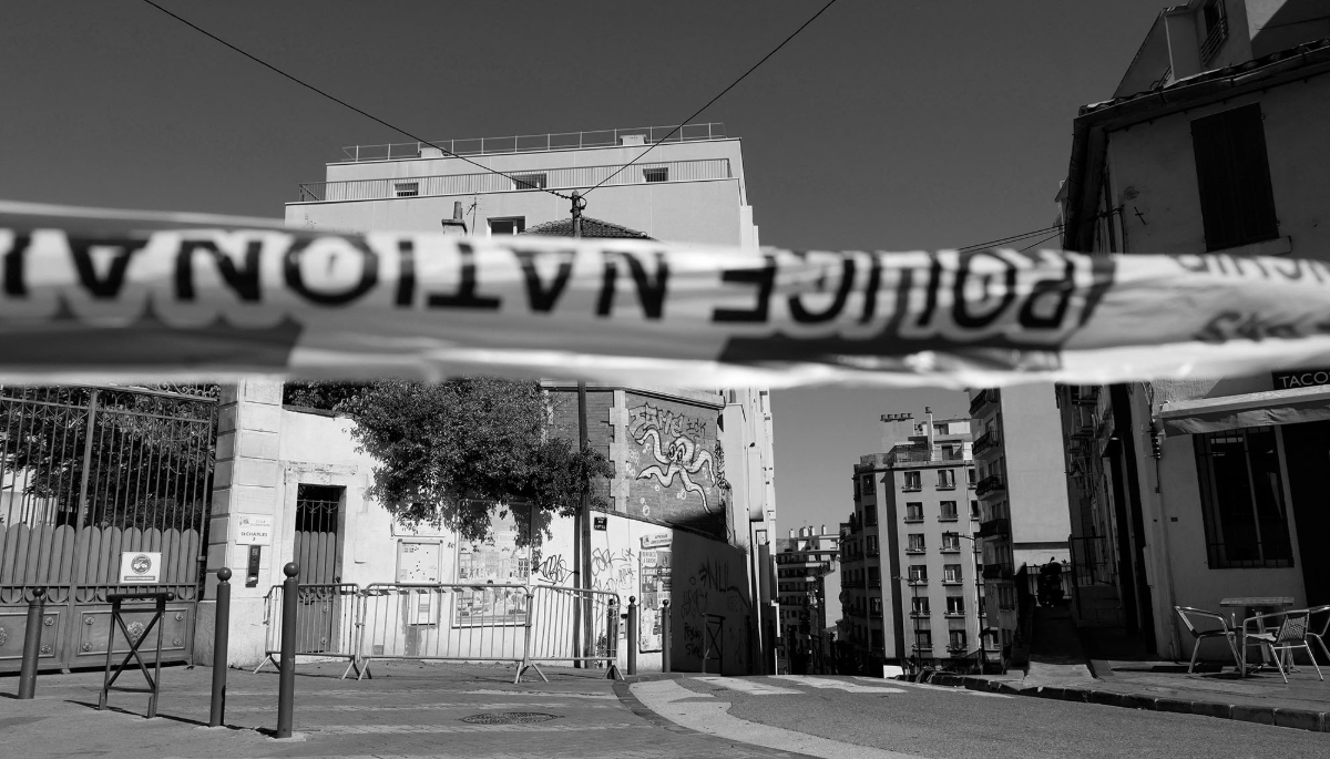 A crime scene in the French town of Marseille involving a murder ordered by a person who claims to be a member of the DZ Mafia, an organisation targeted by SIRASCO, on 4 October 2024.