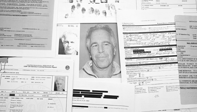 Illustration made up of excerpts from documents on Jeffrey Epstein released last month by the US Justice Department.