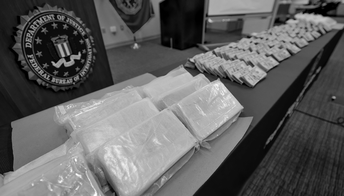 Seized cash and packets of fentanyl on display at the FBI headquarters in Atlanta, Georgia, US, on 21 November 2025.