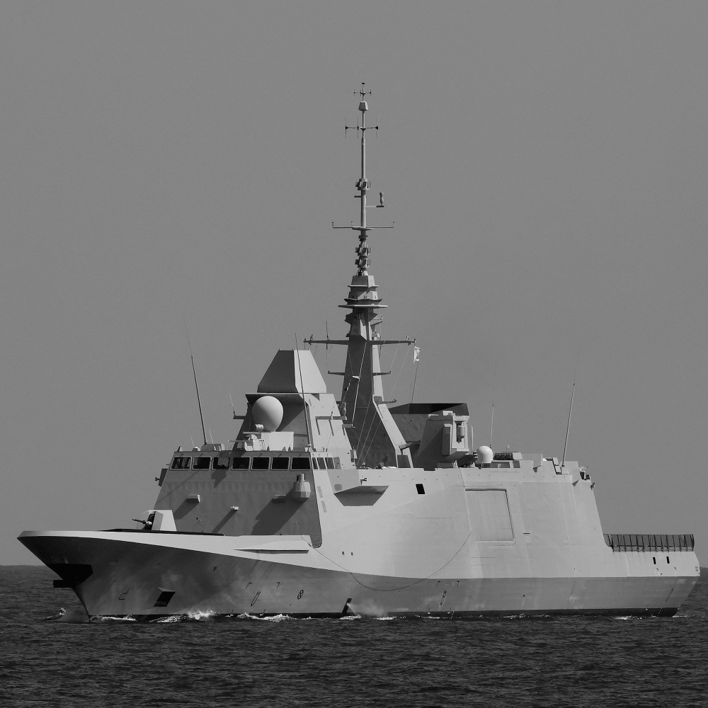 A French FREMM-class frigate, the Languedoc (D653), in the Mediterranean Sea on 27 March 2023.