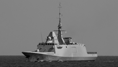 A French FREMM-class frigate, the Languedoc (D653), in the Mediterranean Sea on 27 March 2023.