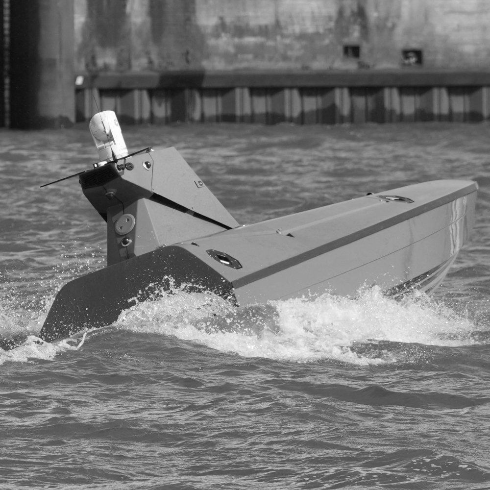 British firm Kraken's K3 Scout naval drone deployed in the port of Hamburg, Germany, during a civil defence meeting on 30 March 2026.