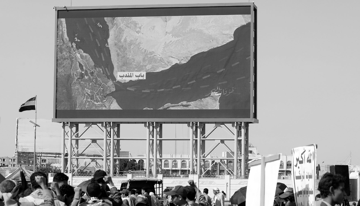 Houthi supporters gather in front of a digital display showing a map of the Bab al-Mandab Strait, which connects the Gulf of Aden and the Red Sea, during an anti-Israel protest in Sanaa, Yemen, on 3 October 2025. 