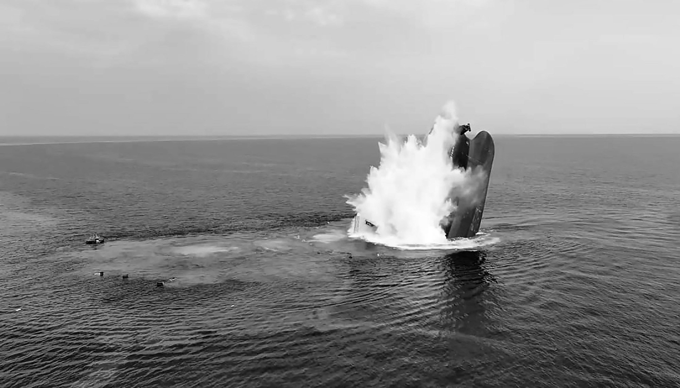 The Liberia-flagged bulk carrier Eternity, operated by a Greek company, sinks after being attacked by the Houthis in the Red Sea on Wednesday, 9 July 2025.