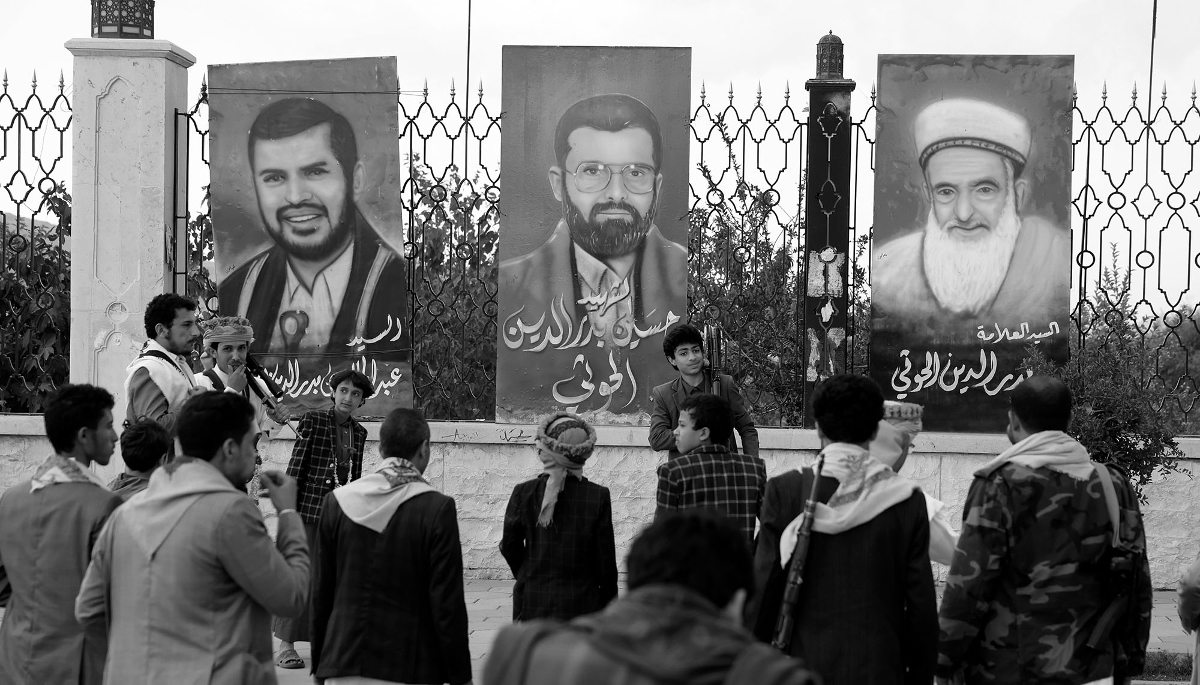 Portraits of Houthi leaders displayed on a fence in Sana’a, Yemen, on 27 April 2026. 
