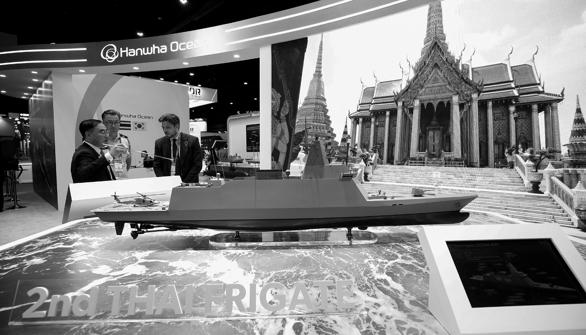 A scale model of the Royal Thai Navy's second warship manufactured by Hanwha Ocean pictured at the Defence and Security 2025 trade fair in Nonthaburi, near Bangkok, on 10 November 2025.  