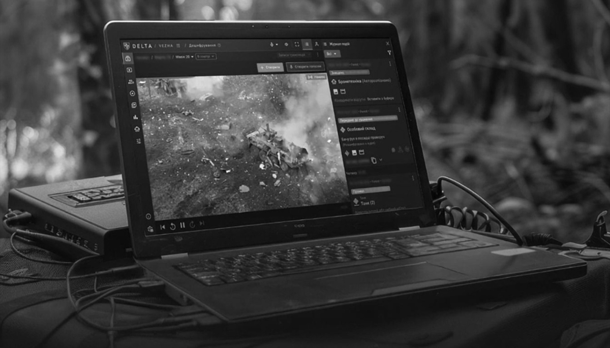 The Ukrainian tactical intelligence application Delta is displayed on a laptop screen.