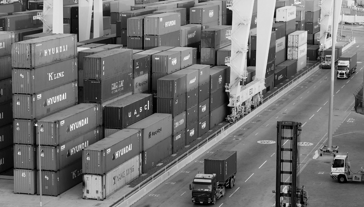 Containers are stacked in the port of Jebel Ali, operated by Dubai-based port operator giant DP World, on 18 June 2020. 