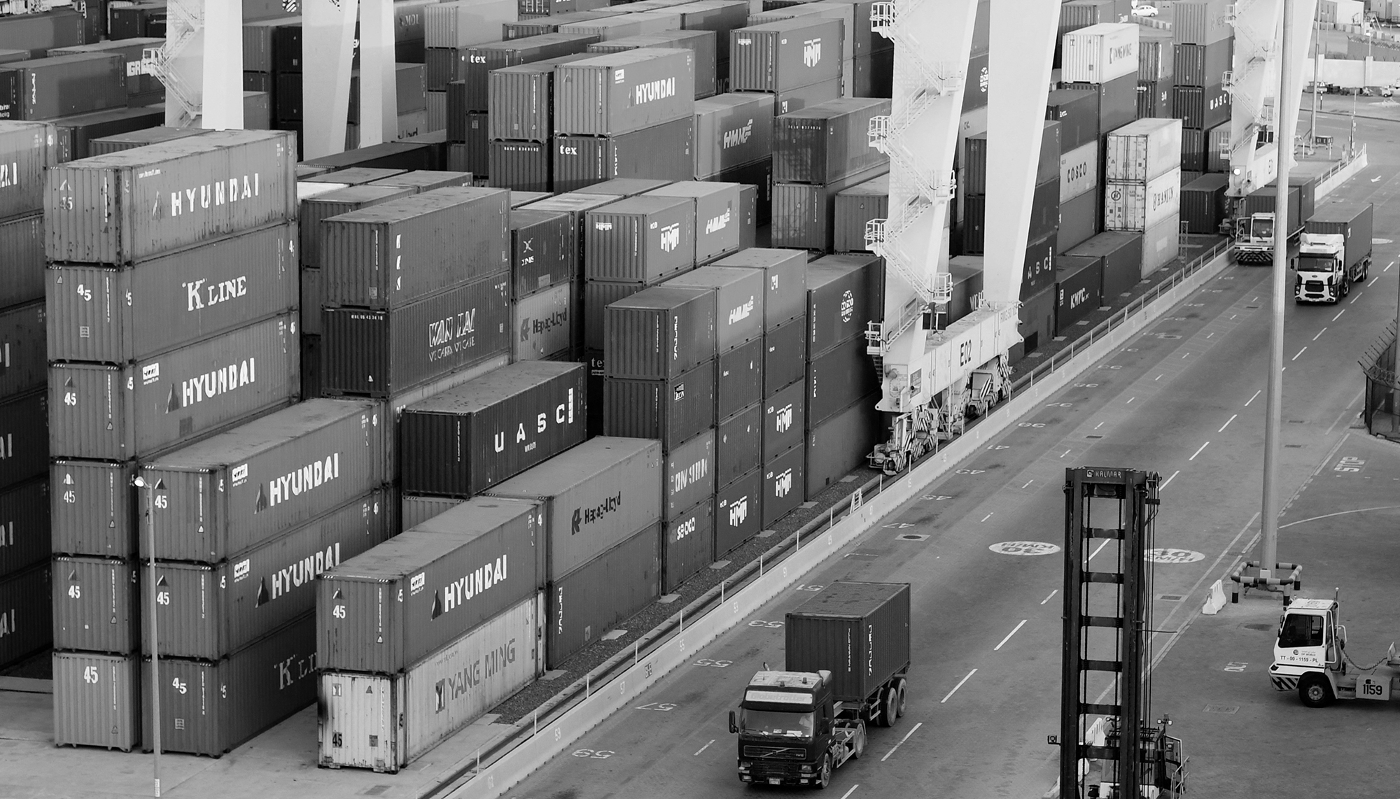 Containers are stacked in the port of Jebel Ali, operated by Dubai-based port operator giant DP World, on 18 June 2020.