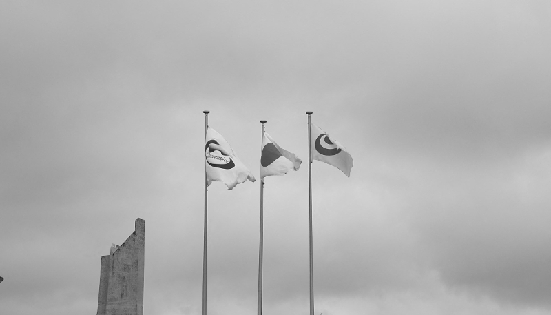 The Japanese and Okinawa prefecture flags.