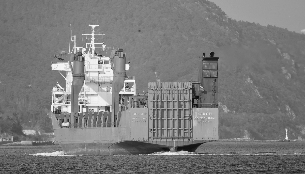 The Russian-flagged vessel Lady R crosses the Bosphorus in Istanbul, Turkey, on 14 February 2023. This vessel, amongst others, is being actively monitored by Ukrainian military intelligence.
