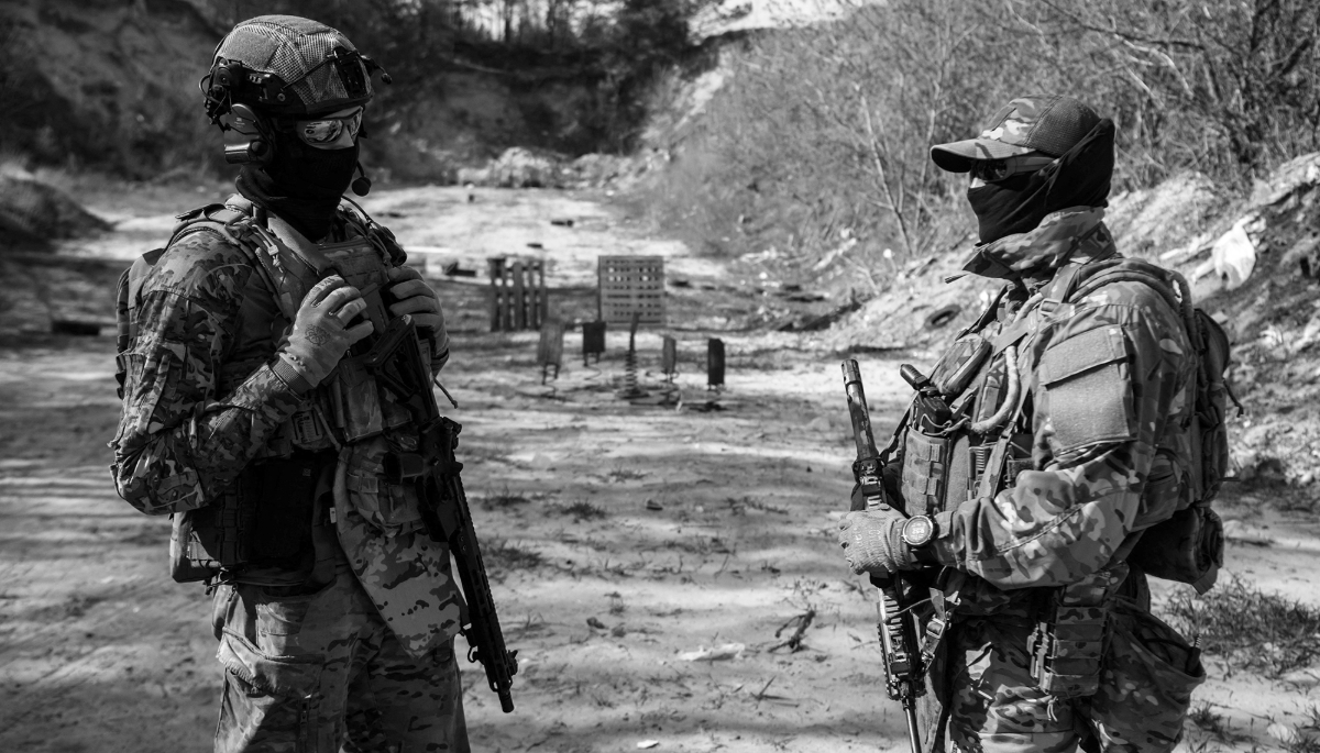 Members of the Ukrainian International Legion participate in military exercises in the Kyiv region on 10 April 2024.