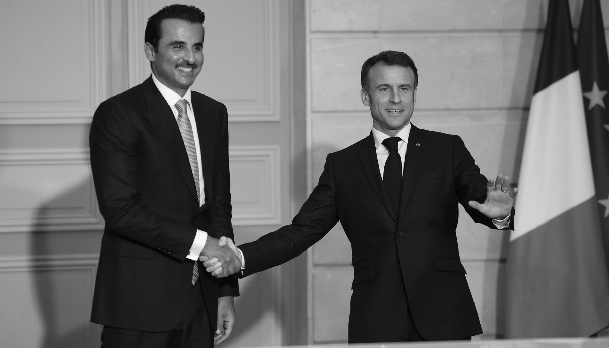 The Emir of Qatar, Tamim bin Hamad al-Thani, received by French President Emmanuel Macron at the Élysée Palace in Paris on 27 February 2024.
