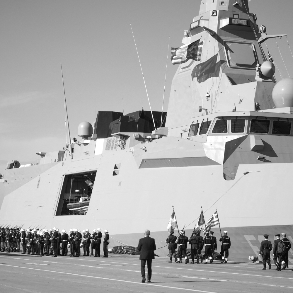 A Greek Navy frigate docked at the port of Piraeus.