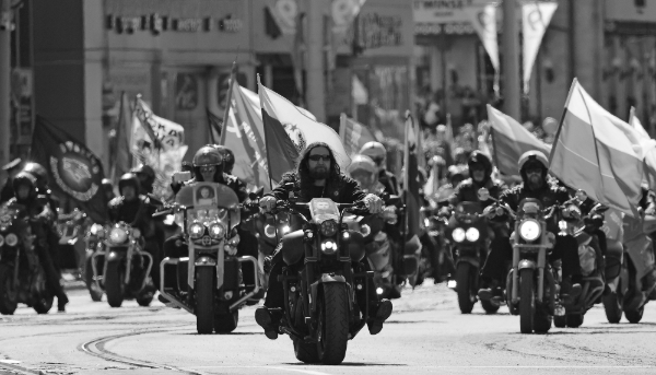 The leader of the Night Wolves motorcycle club, Alexander Zaldostanov, in a parade in Kaliningrad, Russia, 9 May 2022.