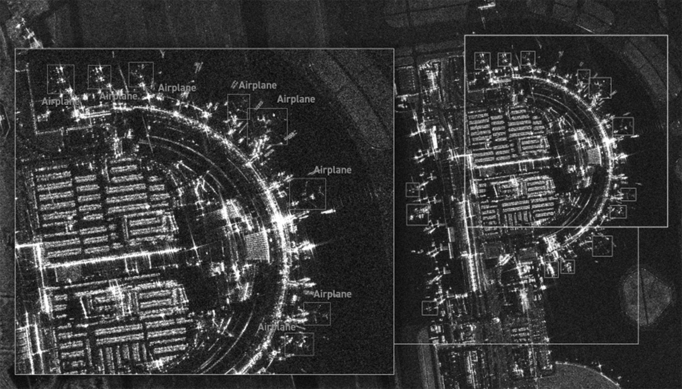 Automatic object detection in SAR imagery using SATIM’s artificial intelligence tool.