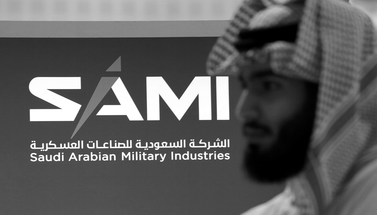 The Saudi Arabian Military Industries (SAMI) logo on display at the International Defence Exhibition (IDEX) in Abu Dhabi, United Arab Emirates, on 17 February 2019.
