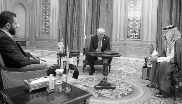 Syrian President Ahmed al-Sharaa (left), US President Donald Trump (centre) and Saudi Crown Prince Mohammed bin Salman (right) on 14 May 2025 in Riyadh.