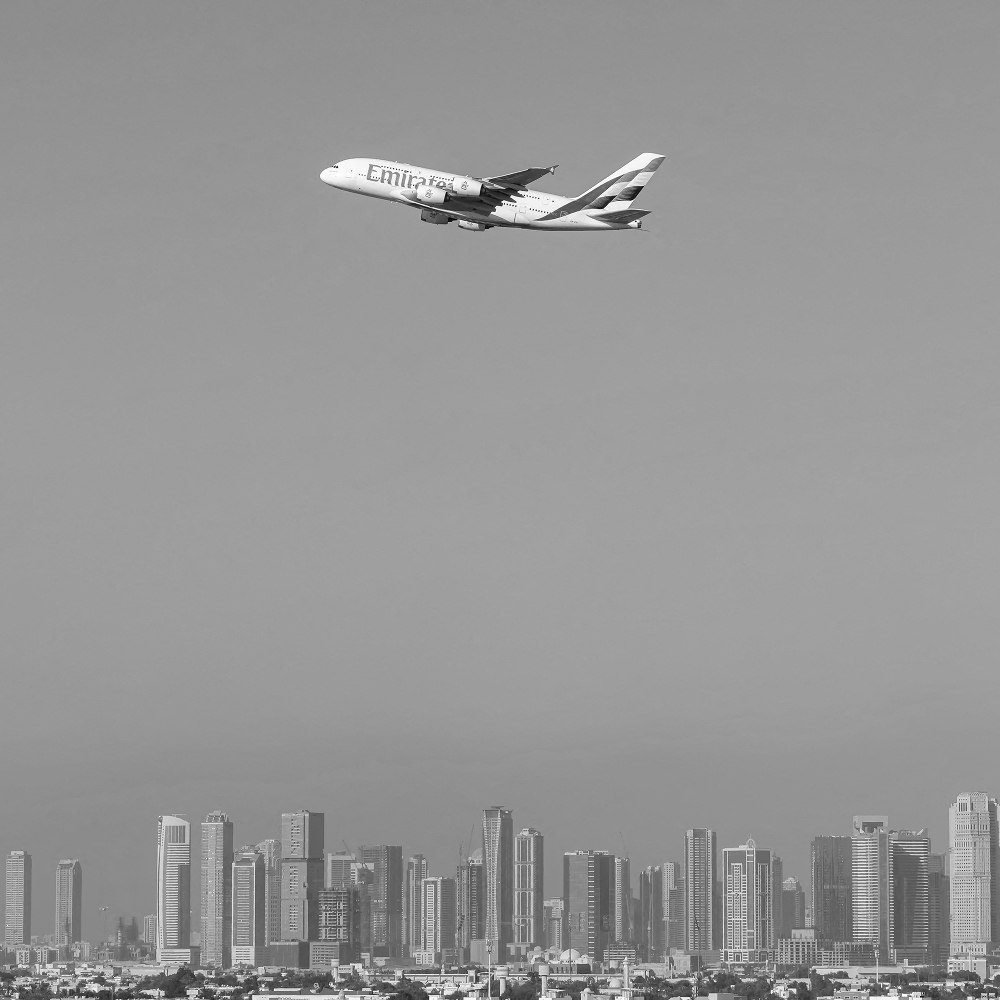 The Sharjah skyline from Dubai Airport, United Arab Emirates.