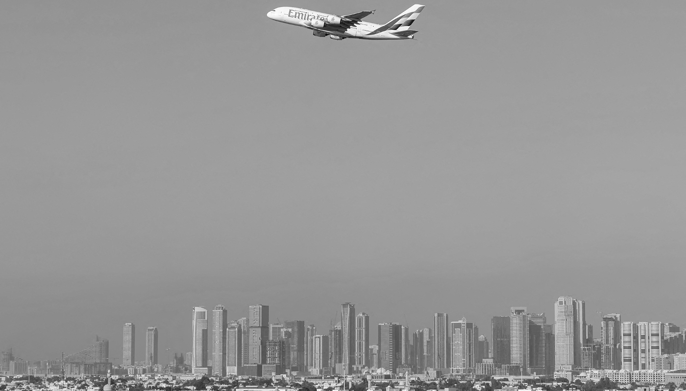 The Sharjah skyline from Dubai Airport, United Arab Emirates.