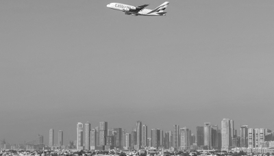 The Sharjah skyline from Dubai Airport, United Arab Emirates.