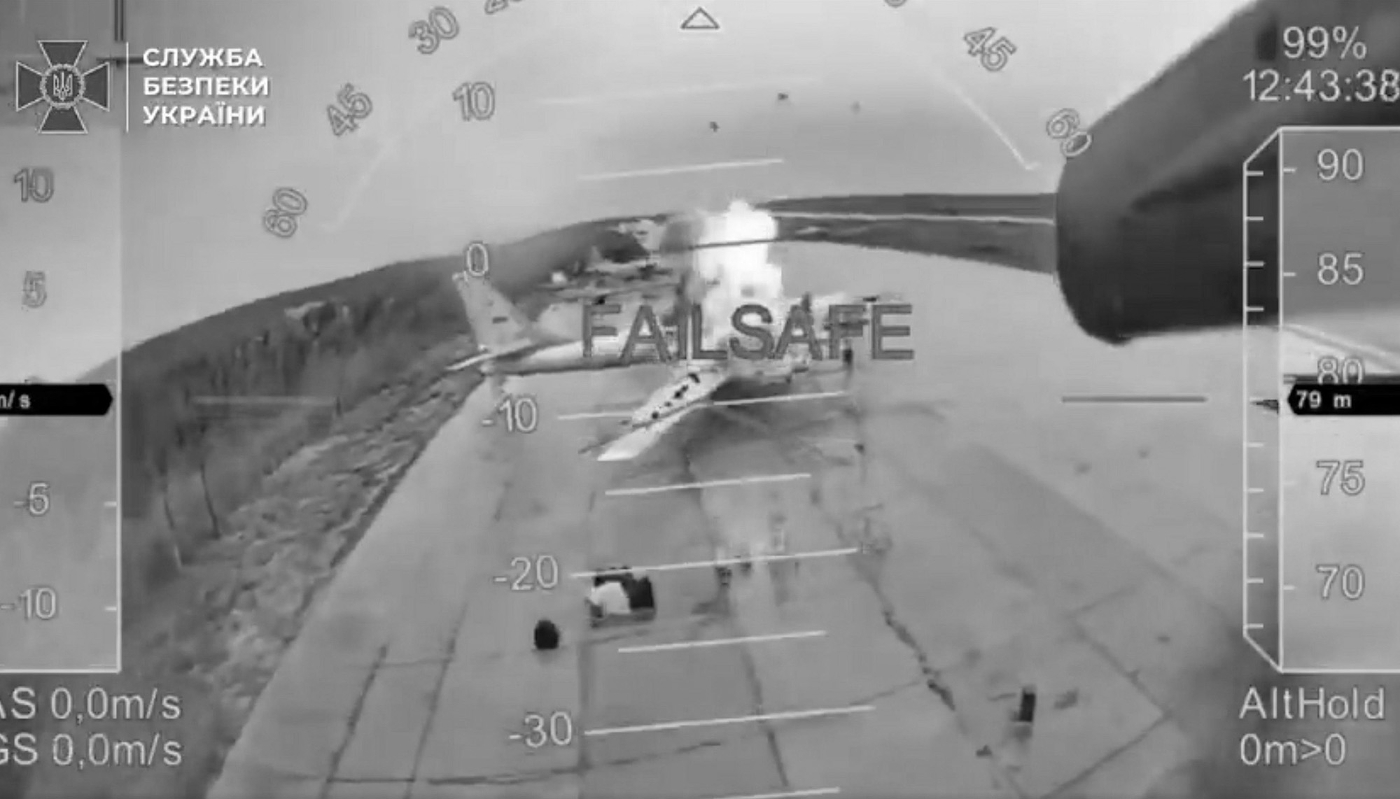 Image taken from a video published by Ukraine of Operation Spider's Web, launched against Russia on 1 June 2025.