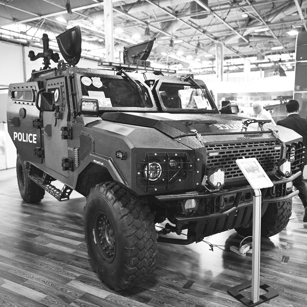 A Cobra 4 armoured police vehicle manufactured by UAE-based Streit Group on display at the Milipol trade fair in Villepinte, France, on 14 November 2023.
