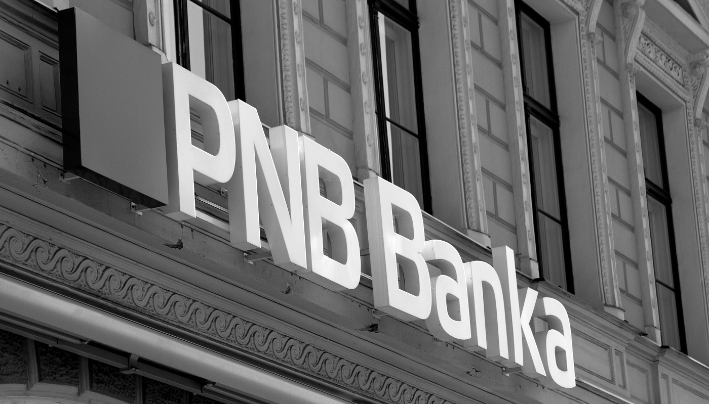 View of the PNB Banka logo in Riga, Latvia.