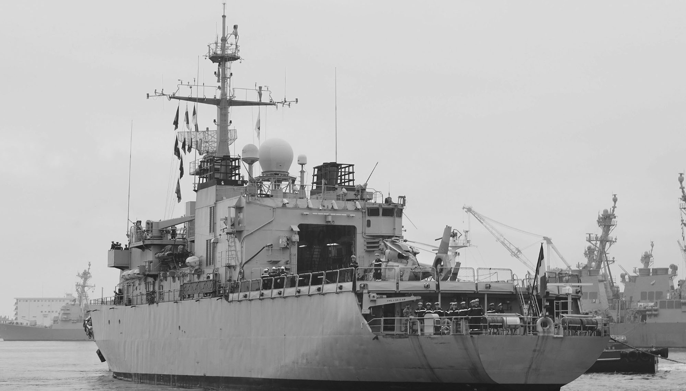 The French frigate Prairial at the Japanese Maritime Self-Defence Force base in Yokosuka, on 16 October 2025.