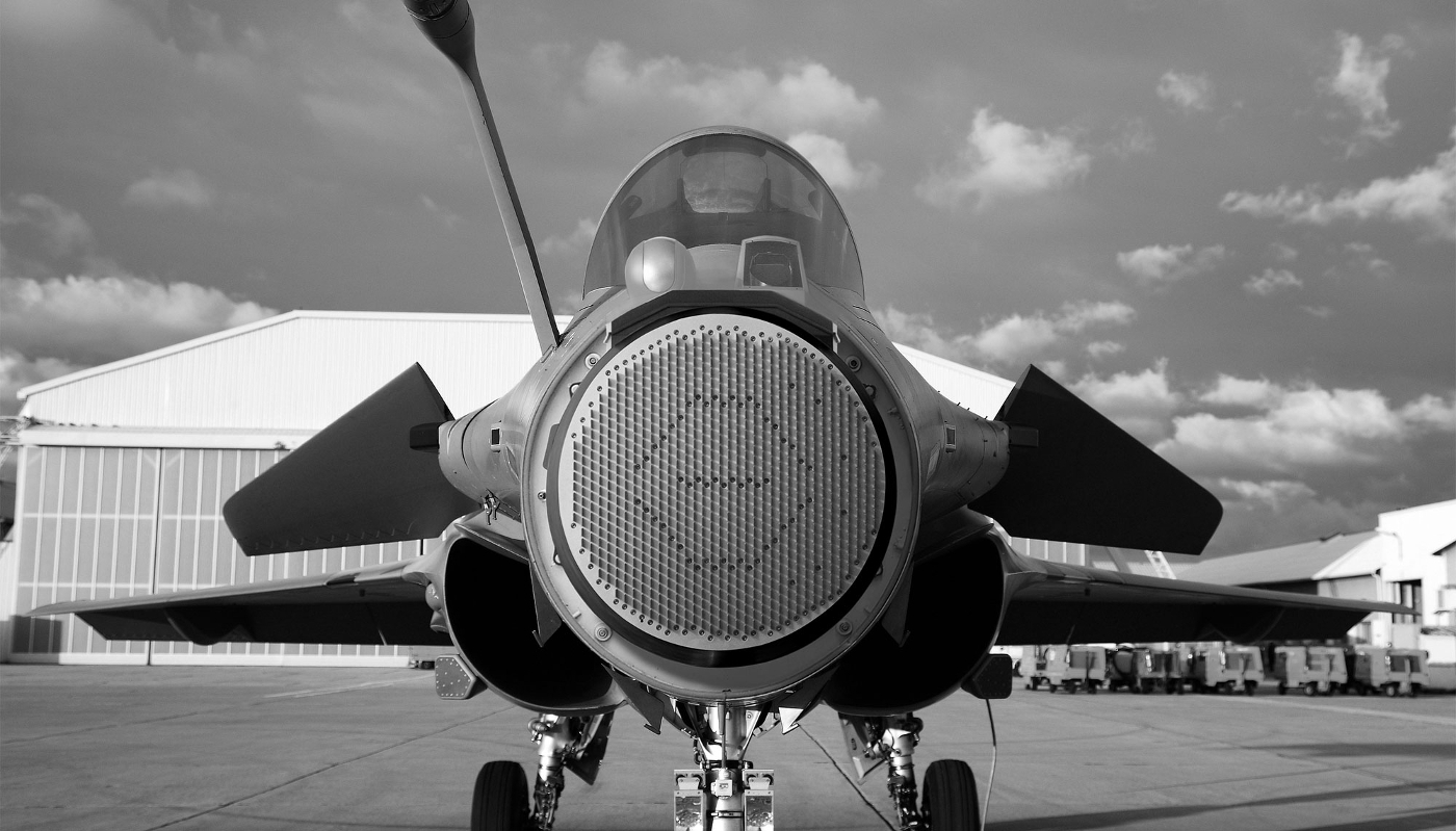 A Thales RBE2 active antenna radar fixed onto the nose of the aircraft.