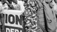Russian mercenary group Wagner's logo on a Central African Republic army soldier's uniform, in Bouboui, Central African Republic, on 1 March 2025.