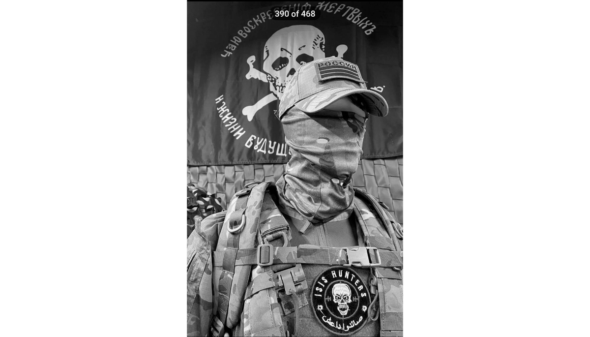 On Shubba-Octagon's Telegram channel, many students post iconography - explicit or implicit - of Wagner. In this photo from March, the Isis hunter patch refers to the militia's campaigns in Syria.