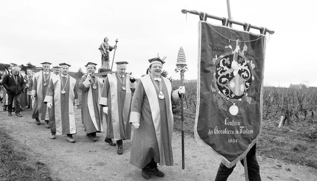 Members of the Confrérie des Chevaliers du Tastevin during the Saint-Vincent Tournante festival in Ladoix-Serrigny, France, on 25 January 2025.