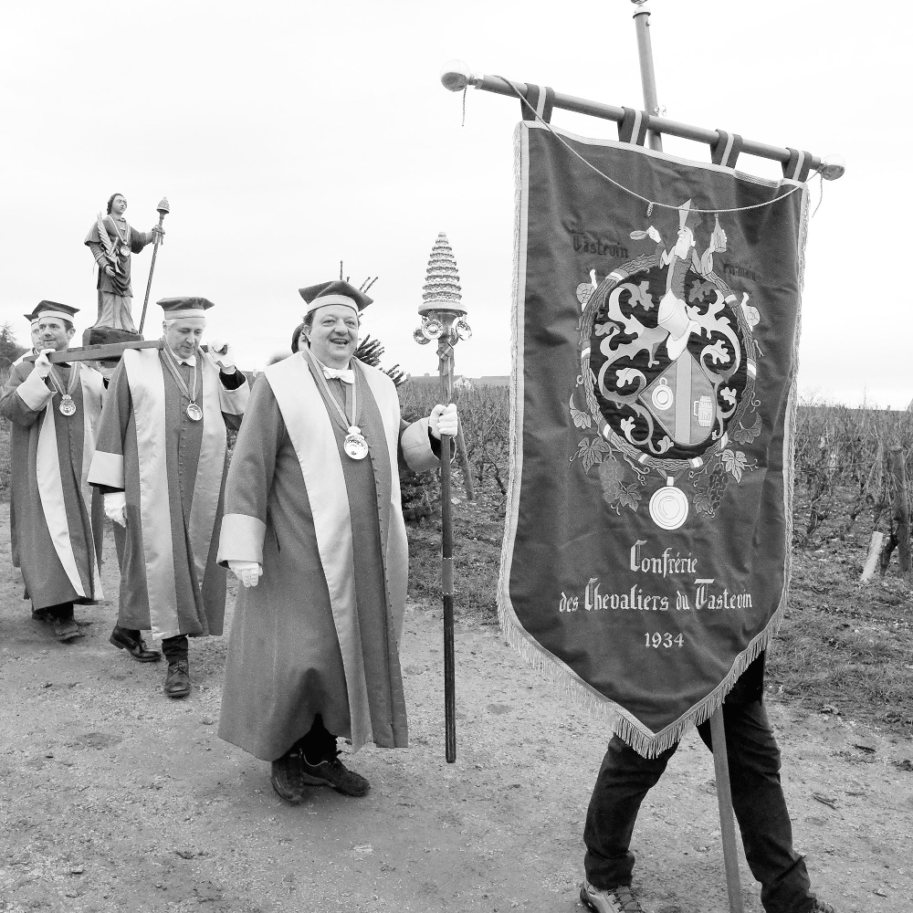 Members of the Confrérie des Chevaliers du Tastevin during the Saint-Vincent Tournante festival in Ladoix-Serrigny, France, on 25 January 2025.