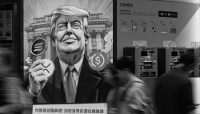 An advertisement featuring Donald Trump and cryptocurrencies in Hong Kong, on 6 April 2025.