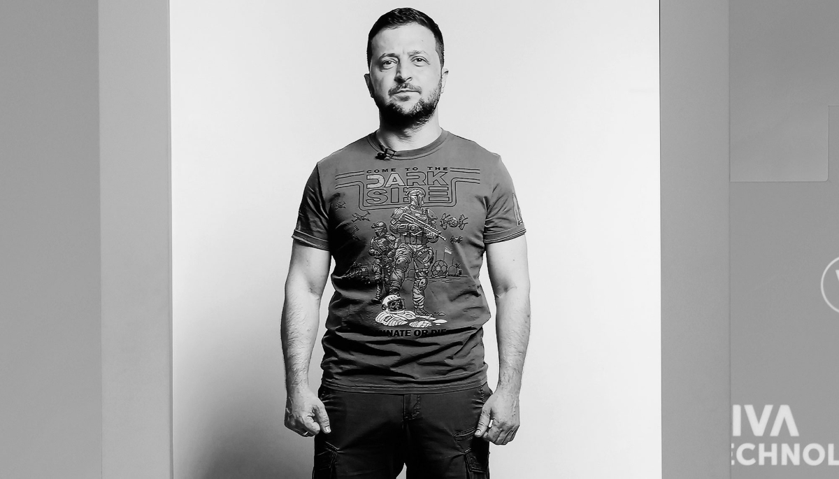 The hologram of Ukrainian President Volodymyr Zelensky wearing an M-Tac T-shirt at the VivaTech conference in 2022. 