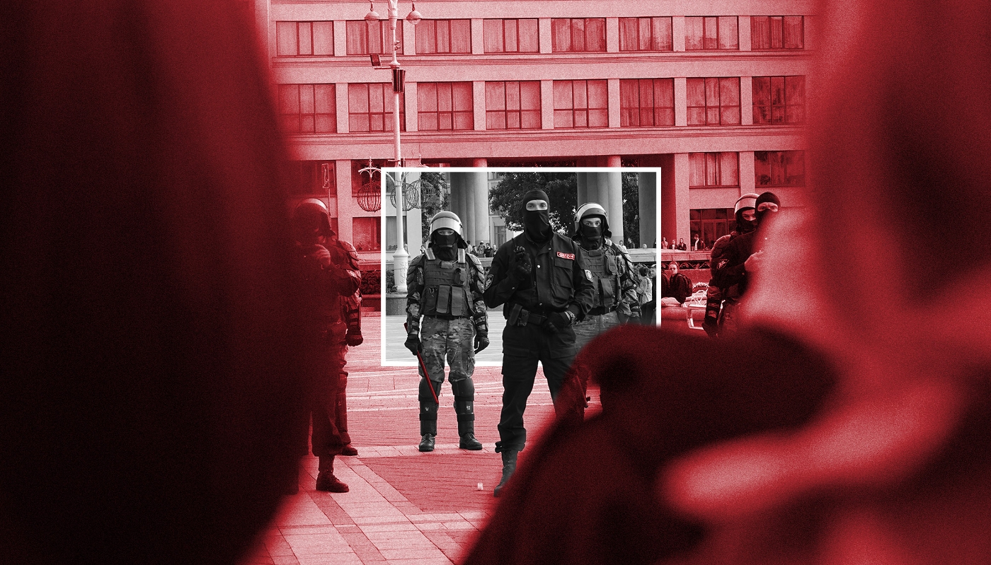 Demonstrators and members of the OMON special police force, Independence Square in Minsk, August 2020.